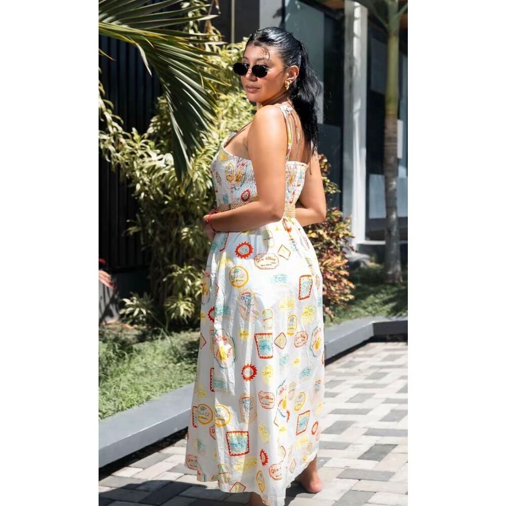 Cynthia Rowley White Maxi Sundress with Colorful Print and Woven Belt Sz Large - Picture 2 of 12